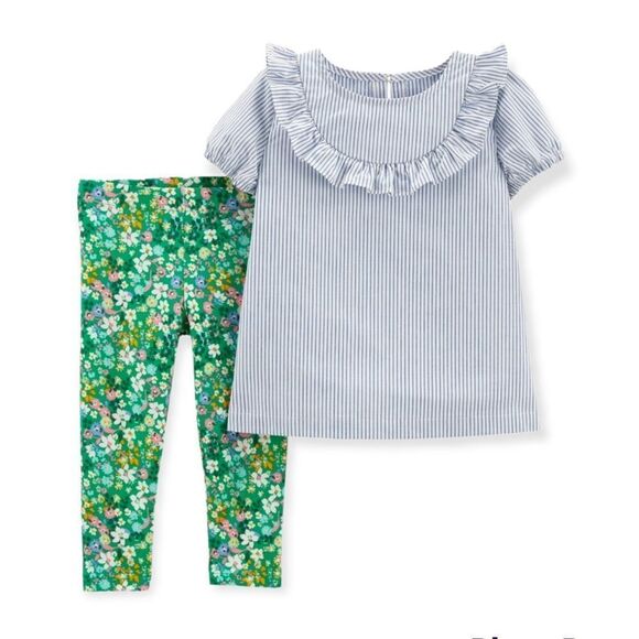 2T NWT Toddler Girl Carter's 2-Piece Striped Top & Floral Capri Leggings Set - Picture 1 of 4